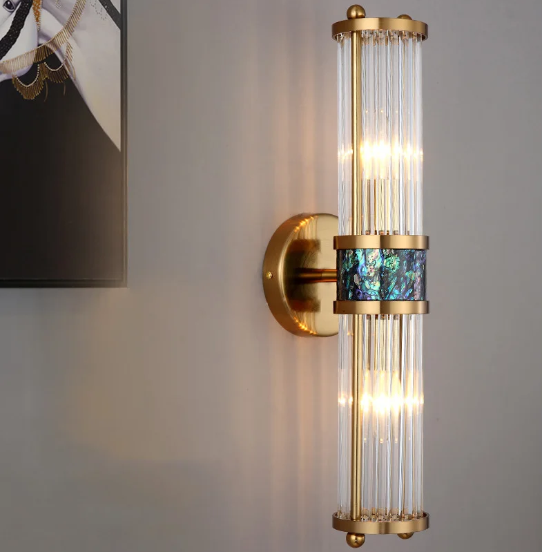 Art Deco Vertical Crystal Rod Wall Sconce 19.7" Height with Gold Frame and Abalone Inlay
