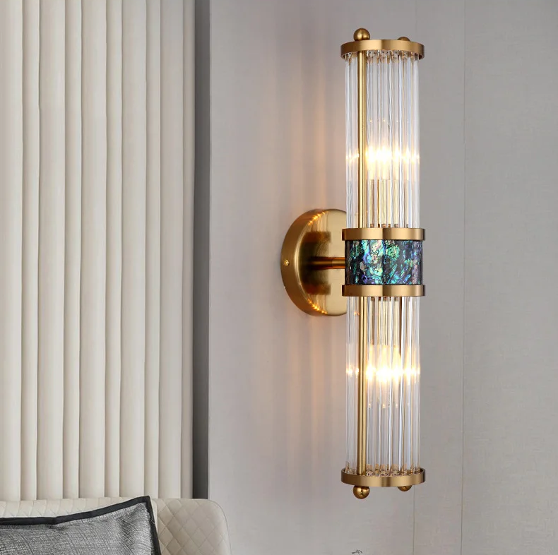 Art Deco Vertical Crystal Rod Wall Sconce 19.7" Height with Gold Frame and Abalone Inlay