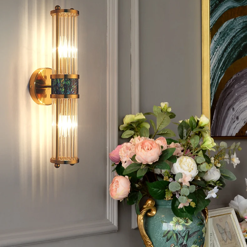 Art Deco Vertical Crystal Rod Wall Sconce 19.7" Height with Gold Frame and Abalone Inlay