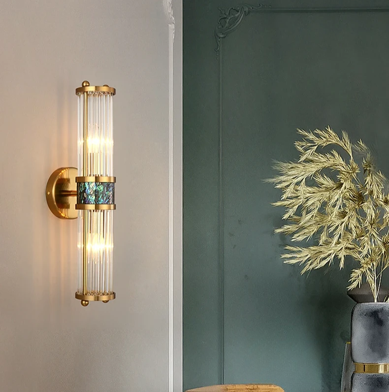 Art Deco Vertical Crystal Rod Wall Sconce 19.7" Height with Gold Frame and Abalone Inlay