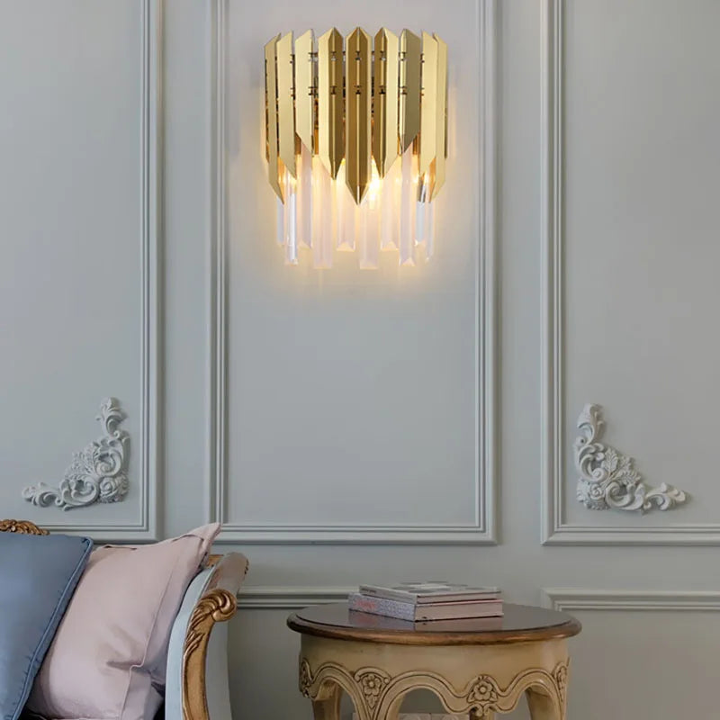 Sophisticated Gold Wall Sconce with Cascading Crystals in Art Deco Style