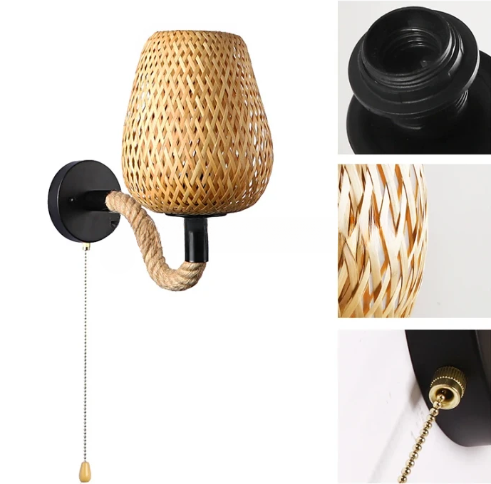 "Elara" Retro Bamboo/Rattan Individually Woven LED Wall Sconce Light