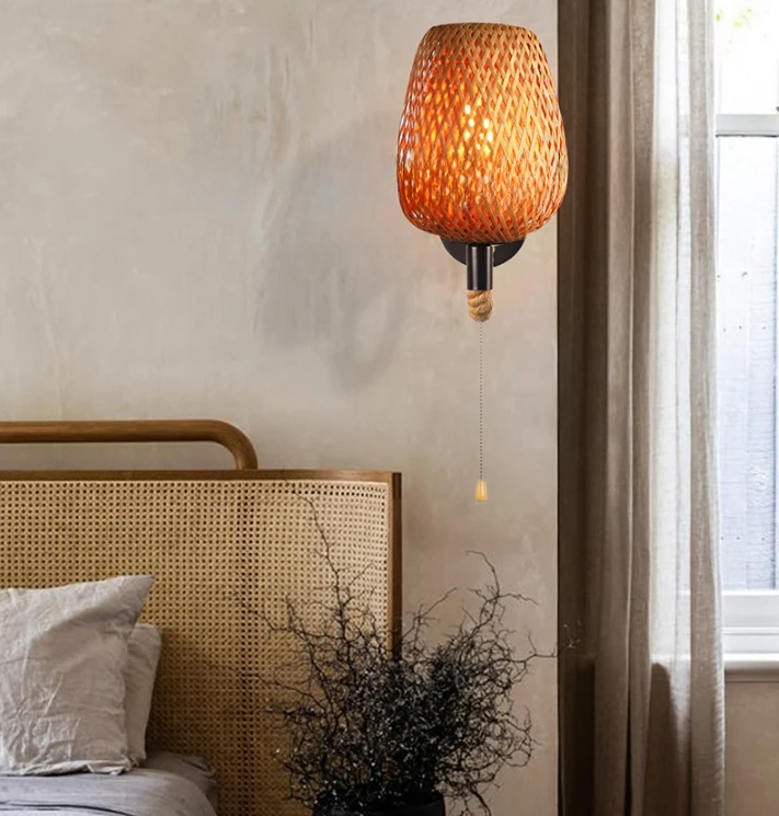 "Elara" Retro Bamboo/Rattan Individually Woven LED Wall Sconce Light