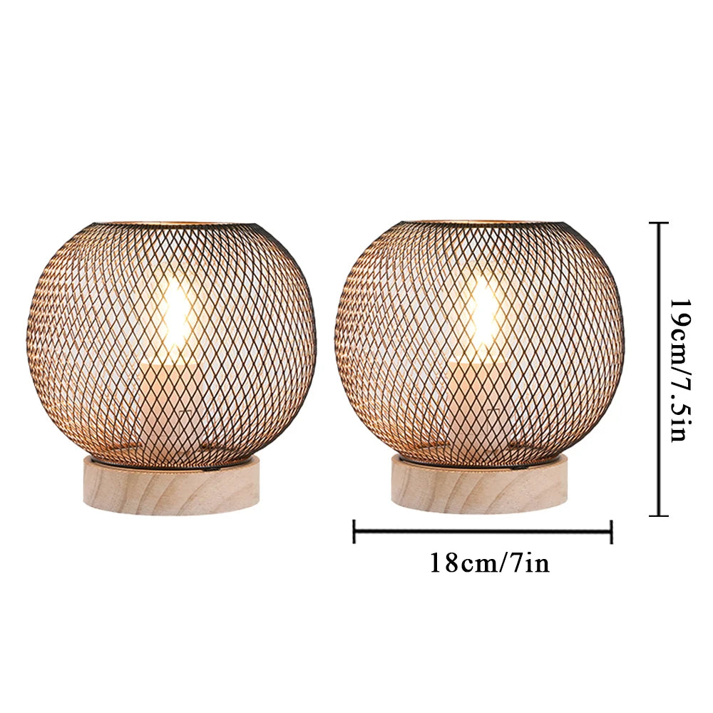 Set of Cordless Battery-Powered Metal Mesh Beige Table Lamps