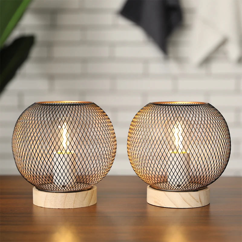 Set of Cordless Battery-Powered Metal Mesh Beige Table Lamps