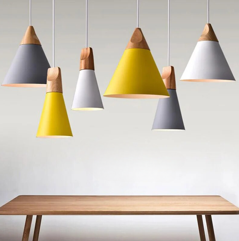 "Eclat" Minimalist Timber Accent Yellow Pendant Fixture. Available in Three Sizes