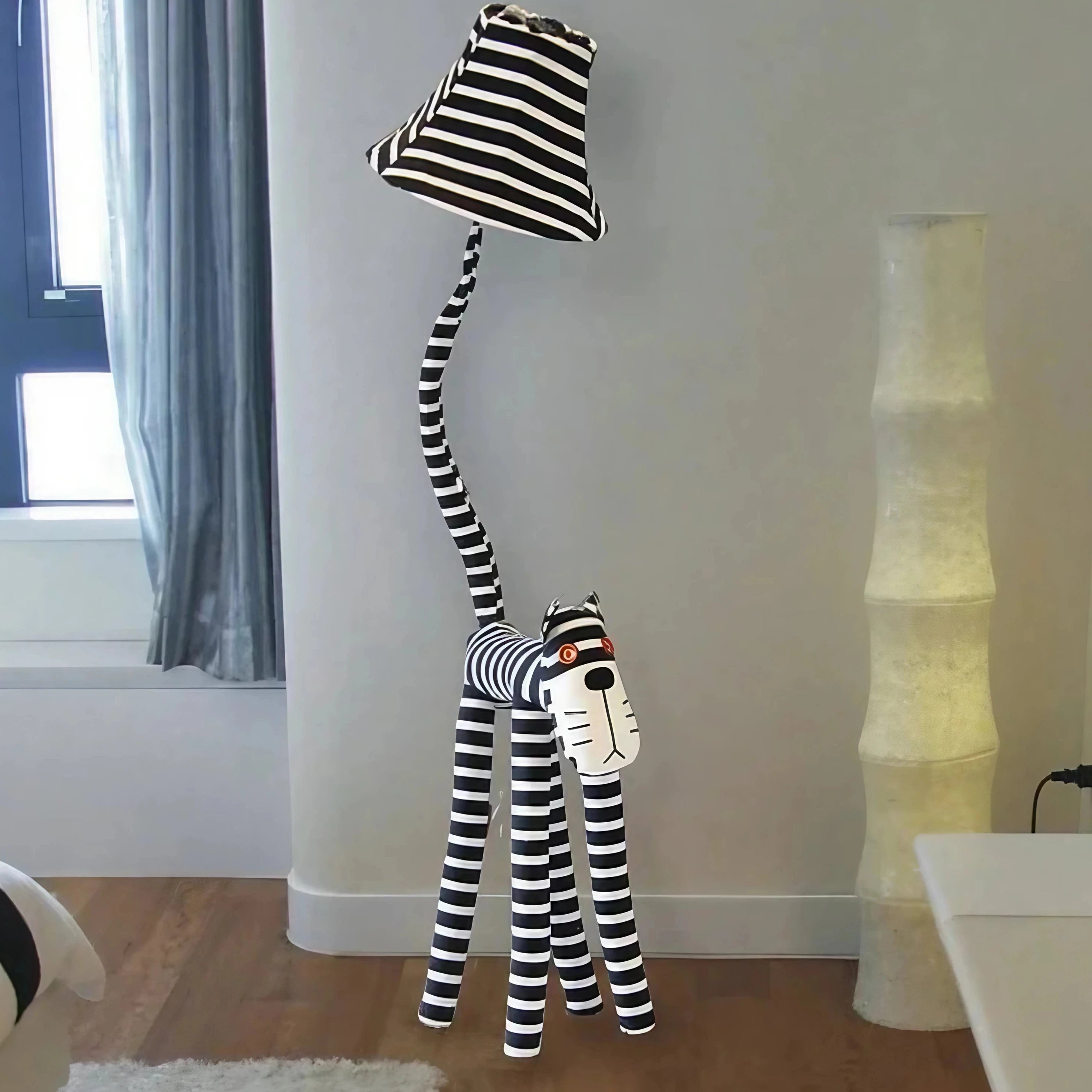 Fun Handmade Kids’ Cartoon Striped Cat Floor Lamp – Soft Cotton Body Design.