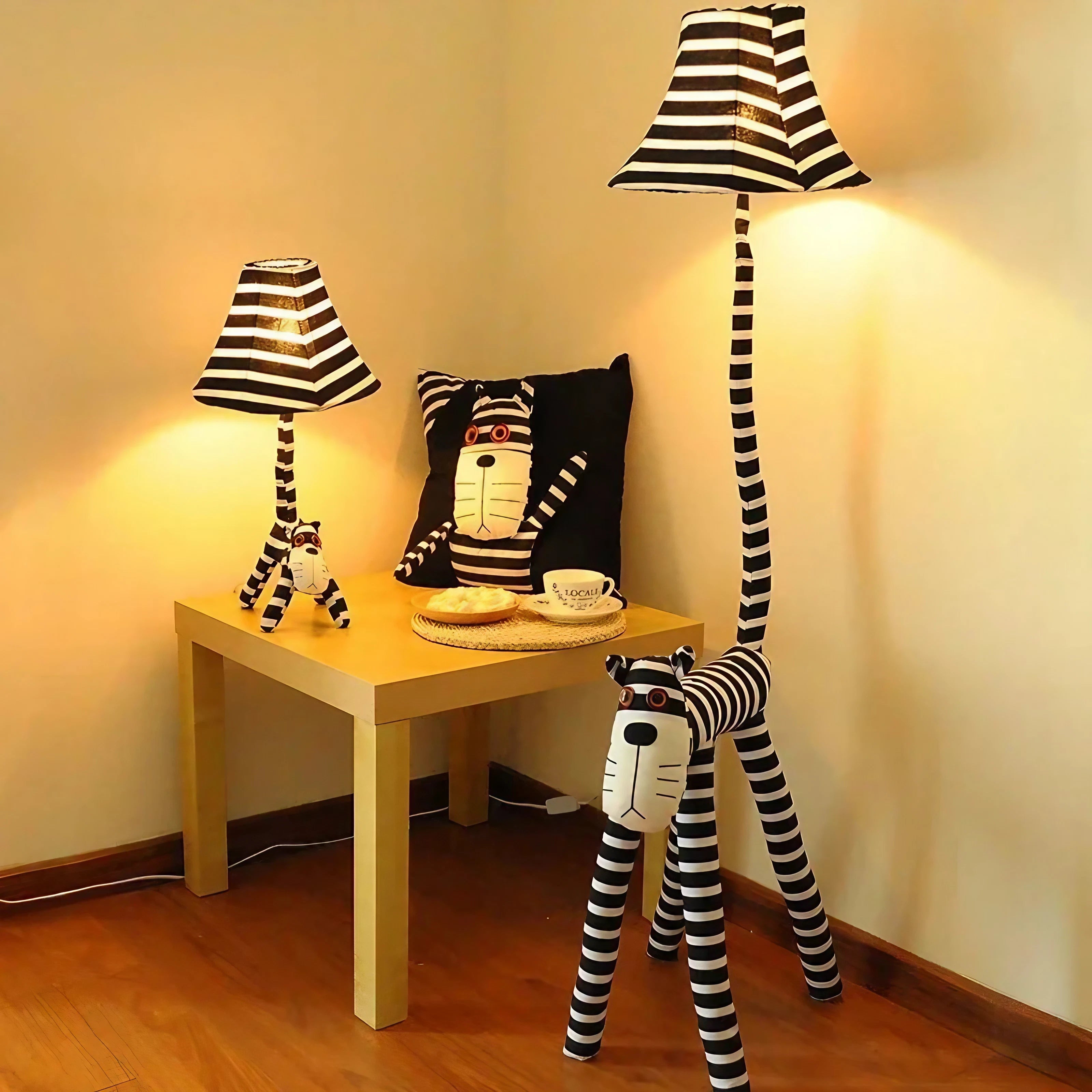 Fun Handmade Kids’ Cartoon Striped Cat Floor Lamp – Soft Cotton Body Design.