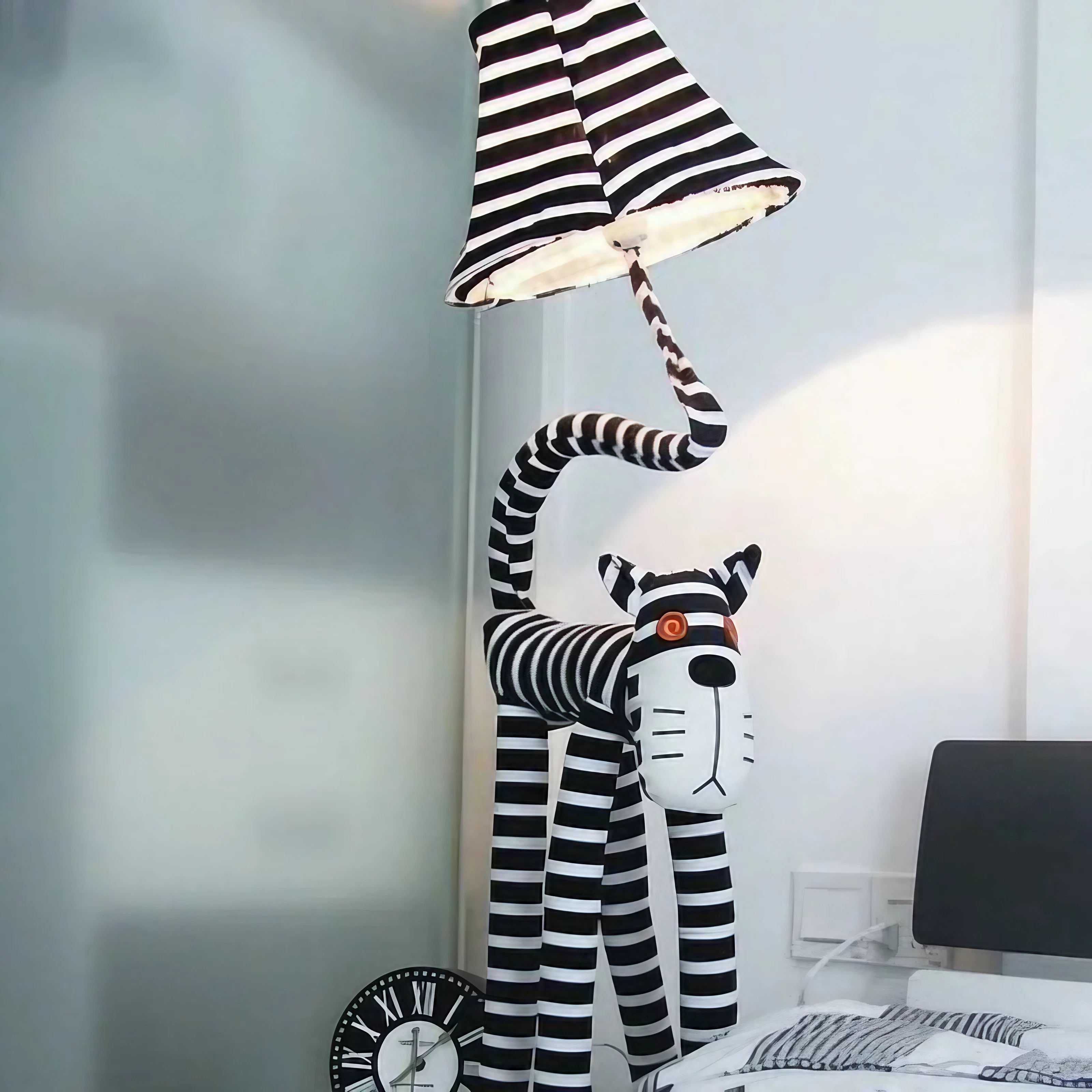 Fun Handmade Kids’ Cartoon Striped Cat Floor Lamp – Soft Cotton Body Design.