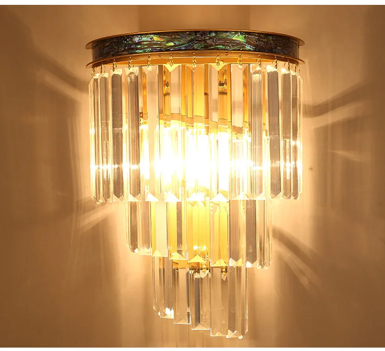 Art Deco Waterfall Crystal Wall Light Sconce with Brushed Gold Copper Frame and Abalone Shell Inlay