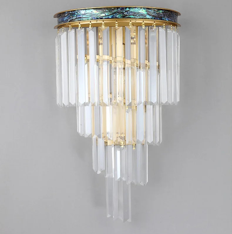 Art Deco Waterfall Crystal Wall Light Sconce with Brushed Gold Copper Frame and Abalone Shell Inlay