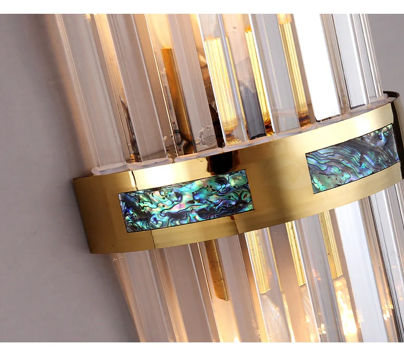 Art Deco Vertical Crystal Rods Wall Sconce with Brushed Gold Copper Frame and Abalone Shell Inlay