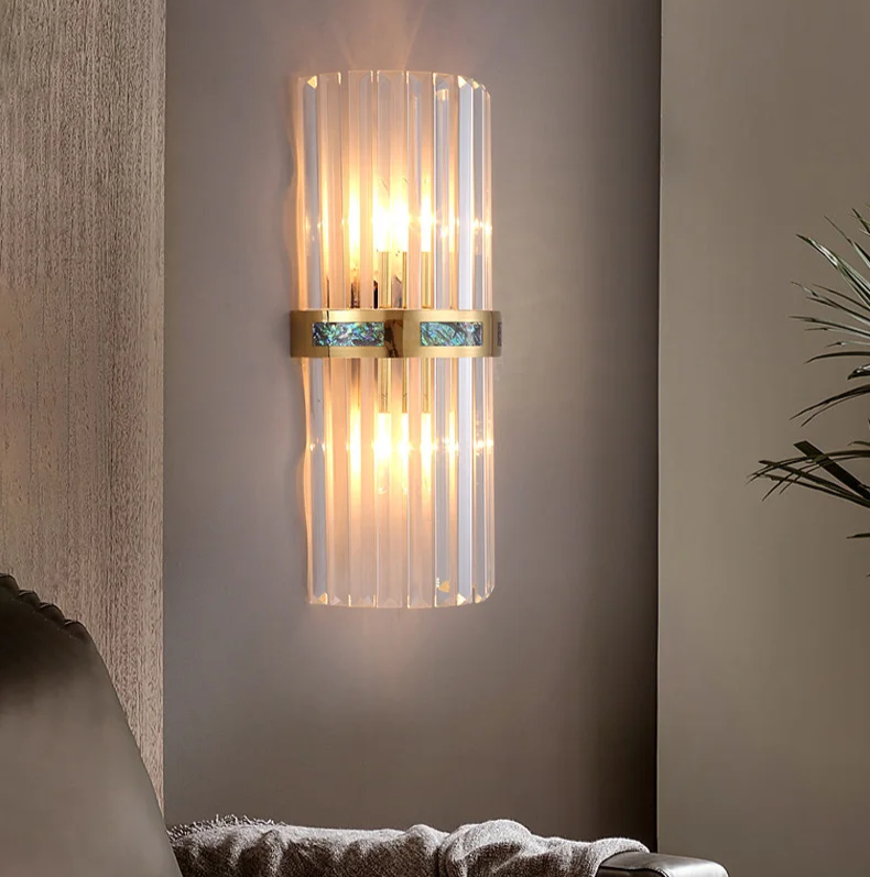 Art Deco Vertical Crystal Rods Wall Sconce with Brushed Gold Copper Frame and Abalone Shell Inlay