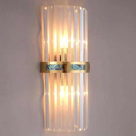 Art Deco Vertical Crystal Rods Wall Sconce with Brushed Gold Copper Frame and Abalone Shell Inlay