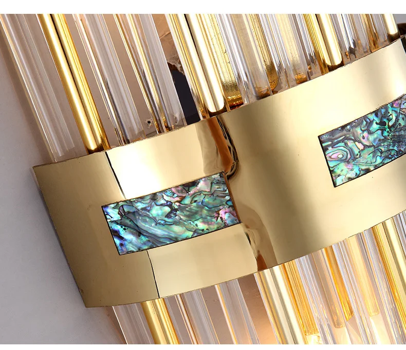 Art Deco Vertical Crystal Rods Wall Sconce with Brushed Gold Copper Frame and Abalone Shell Inlay