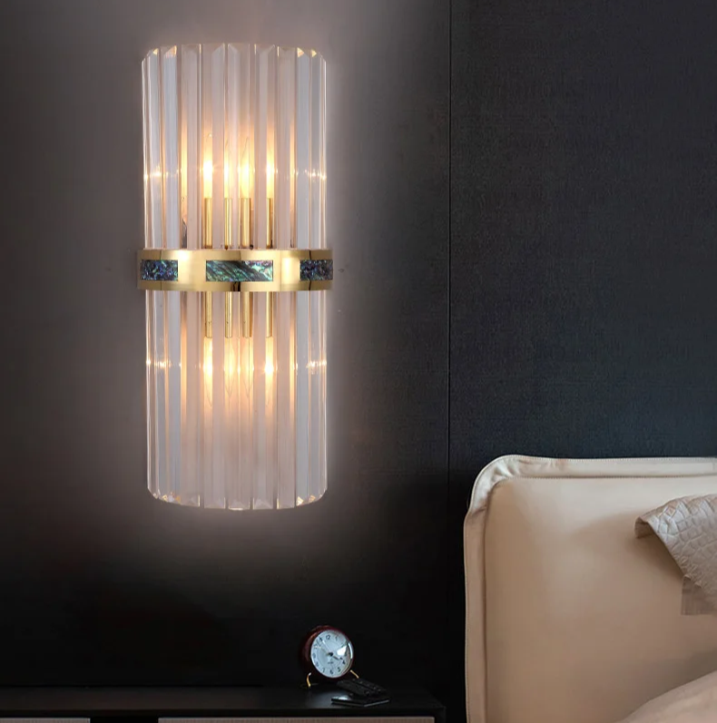 Art Deco Vertical Crystal Rods Wall Sconce with Brushed Gold Copper Frame and Abalone Shell Inlay