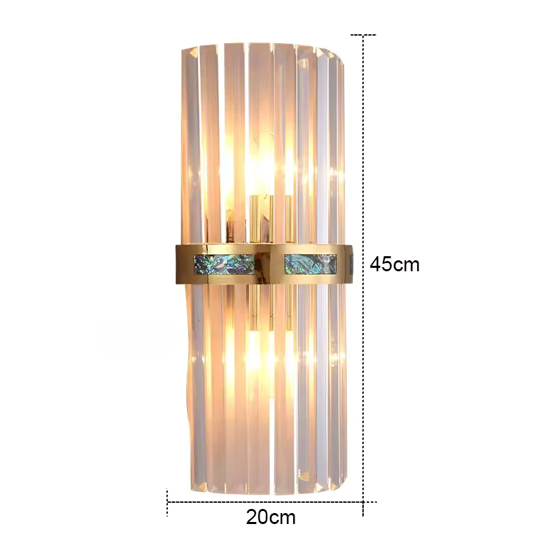 Art Deco Vertical Crystal Rods Wall Sconce with Brushed Gold Copper Frame and Abalone Shell Inlay