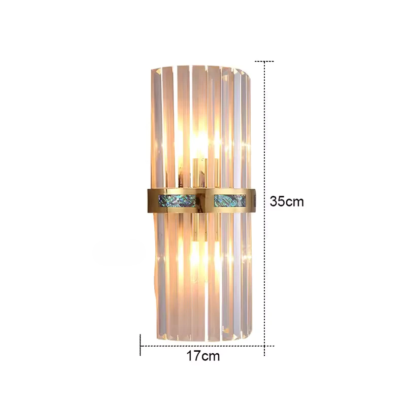 Art Deco Vertical Crystal Rods Wall Sconce with Brushed Gold Copper Frame and Abalone Shell Inlay