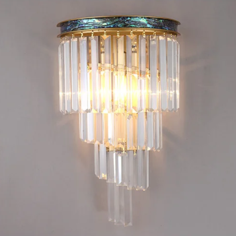 Art Deco Waterfall Crystal Wall Light Sconce with Brushed Gold Copper Frame and Abalone Shell Inlay