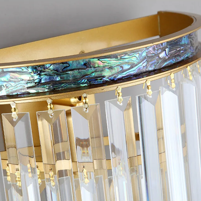 Art Deco Waterfall Crystal Wall Light Sconce with Brushed Gold Copper Frame and Abalone Shell Inlay