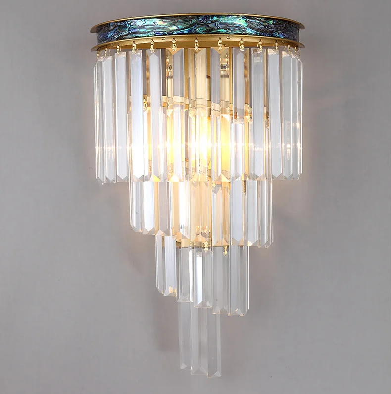 Art Deco Waterfall Crystal Wall Light Sconce with Brushed Gold Copper Frame and Abalone Shell Inlay