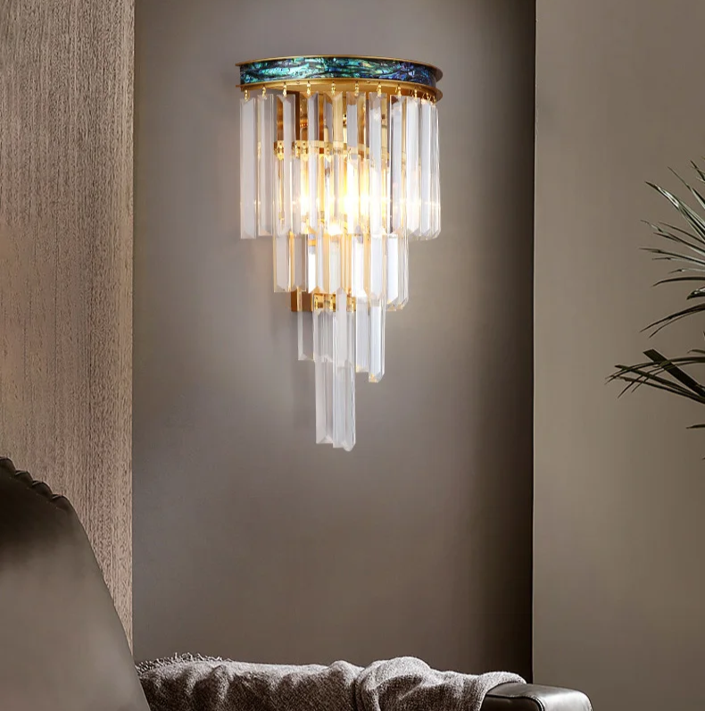 Art Deco Waterfall Crystal Wall Light Sconce with Brushed Gold Copper Frame and Abalone Shell Inlay