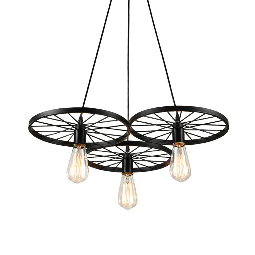 Farmhouse Rustic 3-Wheels Pendant Light - Vintage Industrial Design. Available in Two Colors