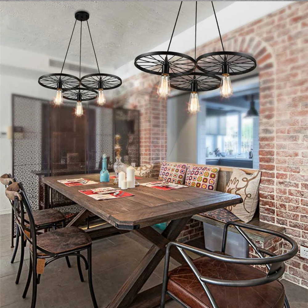 Farmhouse Rustic 3-Wheels Pendant Light - Vintage Industrial Design. Available in Two Colors