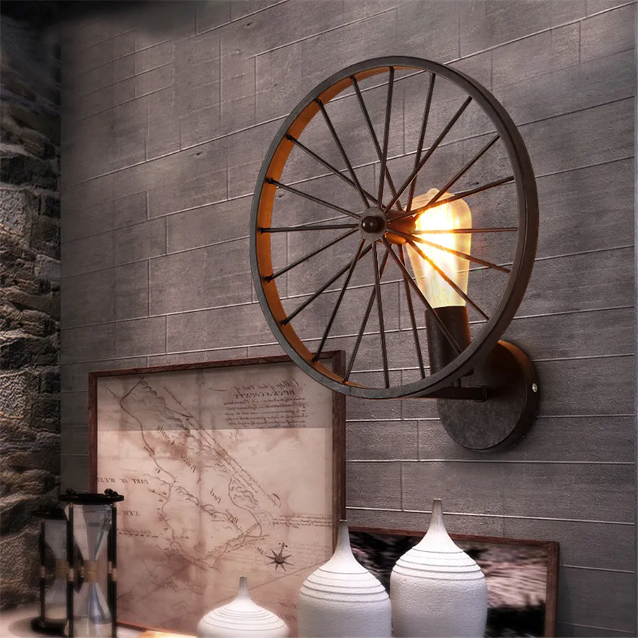 Farmhouse Rustic Wheel Wall Sconce Light - Vintage Industrial Design. Available in Two Colors