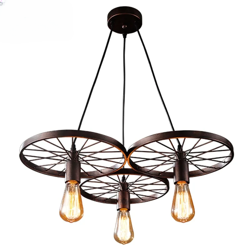 Farmhouse Rustic 3-Wheels Pendant Light - Vintage Industrial Design. Available in Two Colors