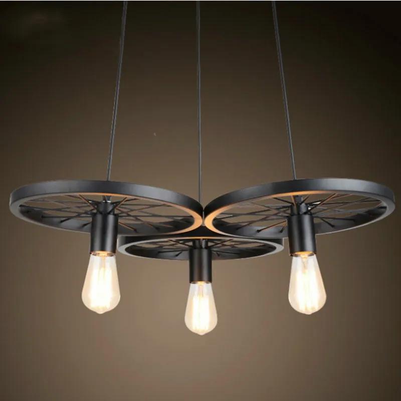 Farmhouse Rustic 3-Wheels Pendant Light - Vintage Industrial Design. Available in Two Colors