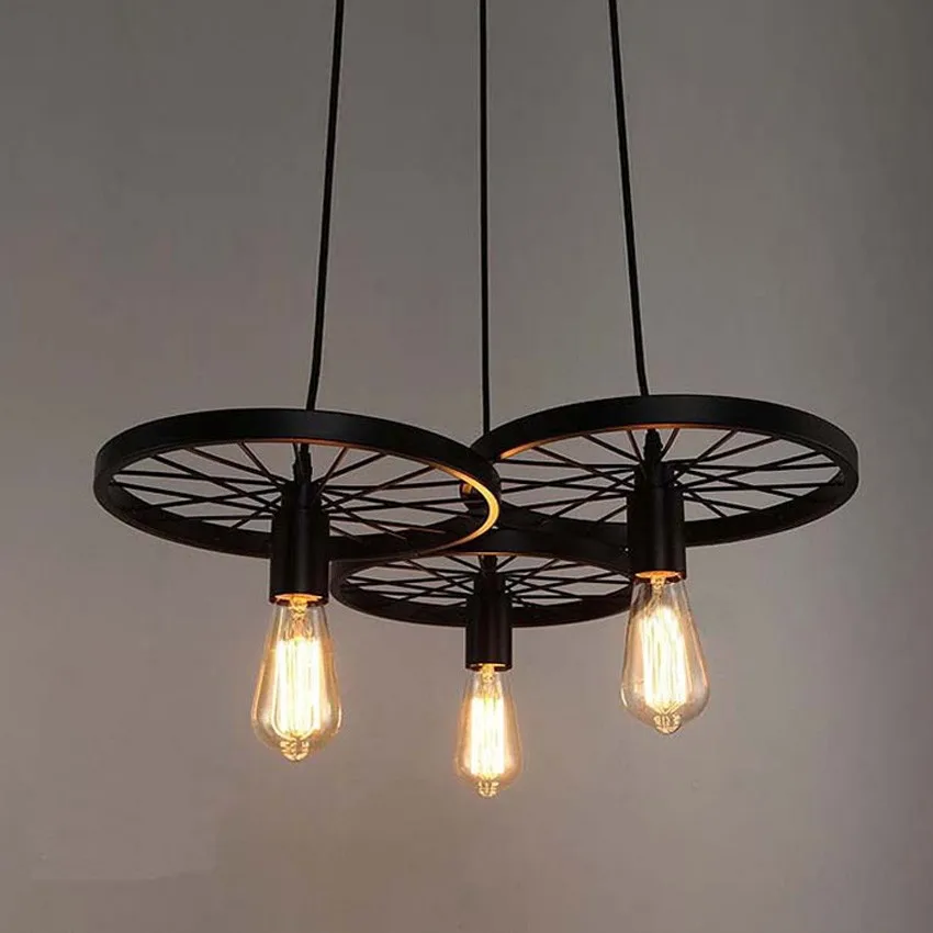 Farmhouse Rustic 3-Wheels Pendant Light - Vintage Industrial Design. Available in Two Colors