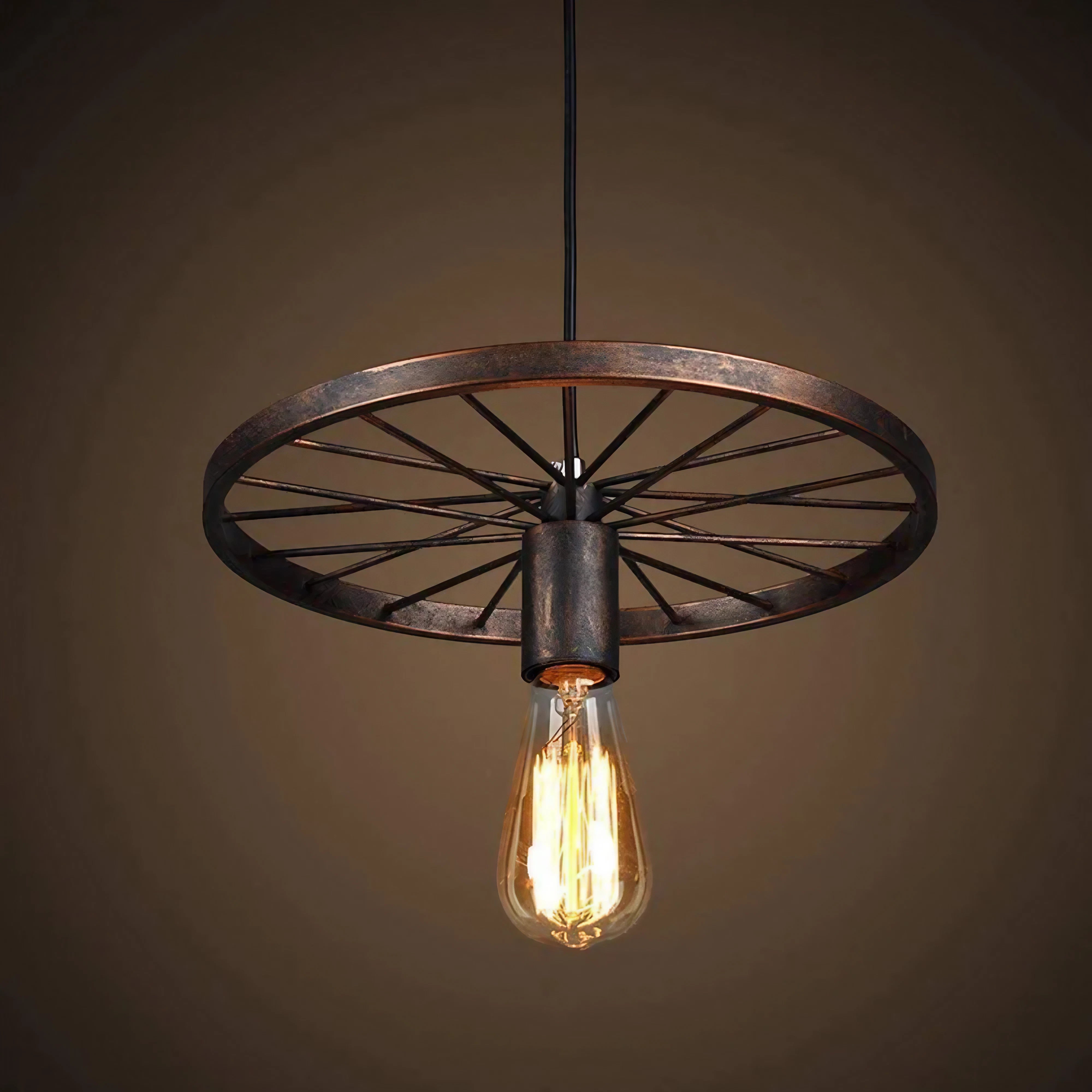 Farmhouse Rustic Wheel Pendant Light - Vintage Industrial Design. Available in Two Colors