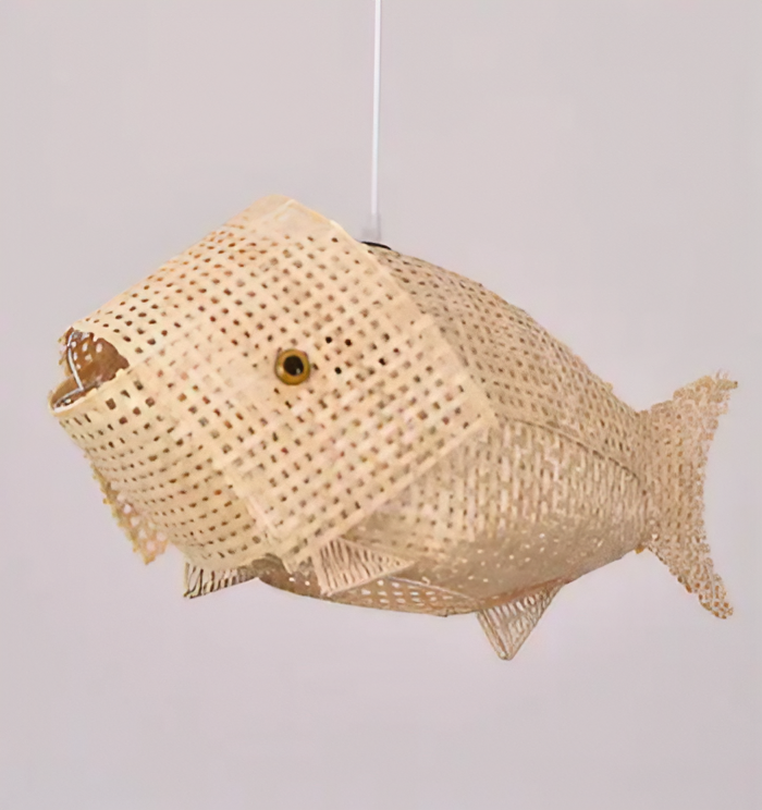 "Elara" Modern Creative Fish Shape Bamboo/Rattan Woven Pendant Led Lamp. Available in two sizes