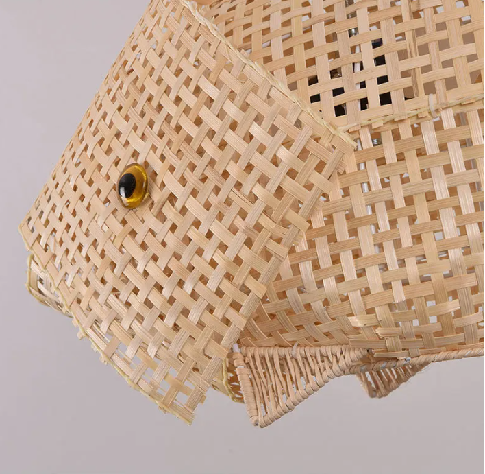 "Elara" Modern Creative Fish Shape Bamboo/Rattan Woven Pendant Led Lamp. Available in two sizes