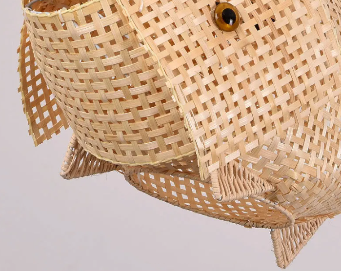 "Elara" Modern Creative Fish Shape Bamboo/Rattan Woven Pendant Led Lamp. Available in two sizes