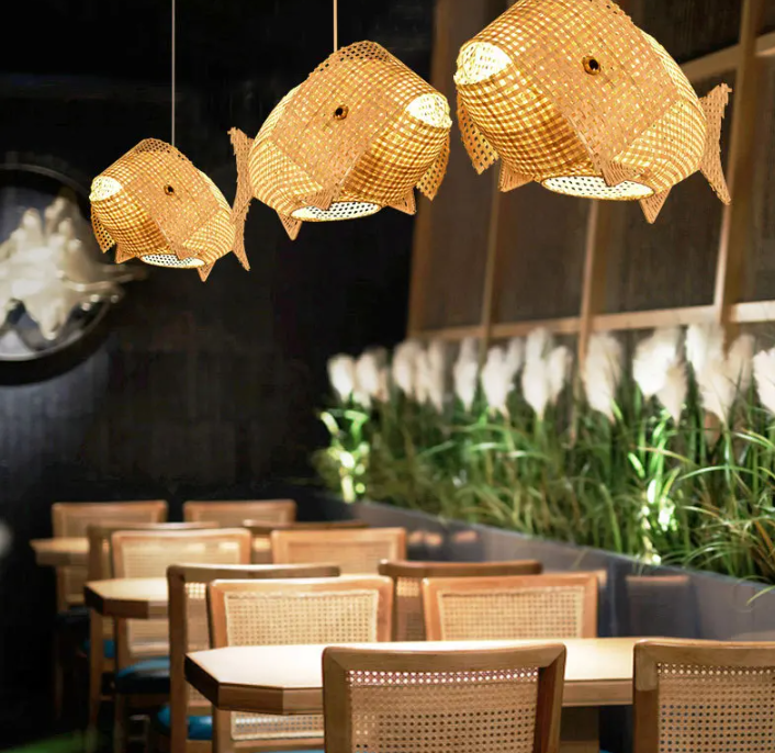 "Elara" Modern Creative Fish Shape Bamboo/Rattan Woven Pendant Led Lamp. Available in two sizes