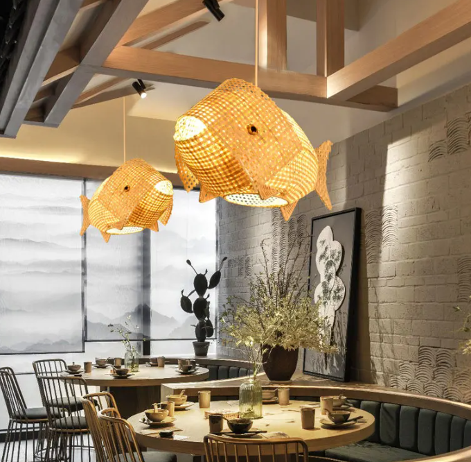 "Elara" Modern Creative Fish Shape Bamboo/Rattan Woven Pendant Led Lamp. Available in two sizes