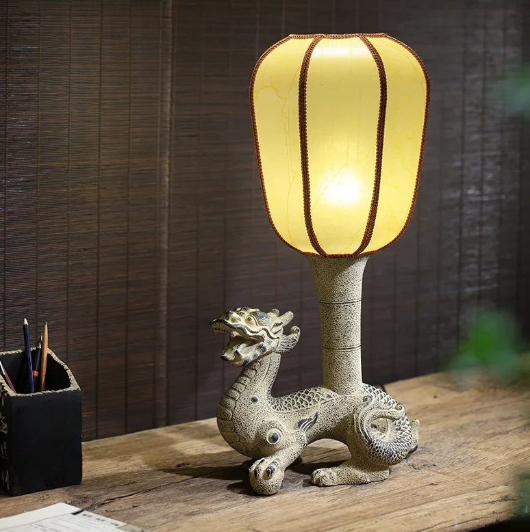 Intricately Carved Mythical Dragon LED Lamp with Fabric Shade – Stylish and Functional Decor