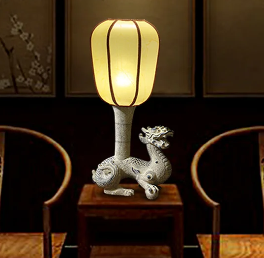 Intricately Carved Mythical Dragon LED Lamp with Fabric Shade – Stylish and Functional Decor