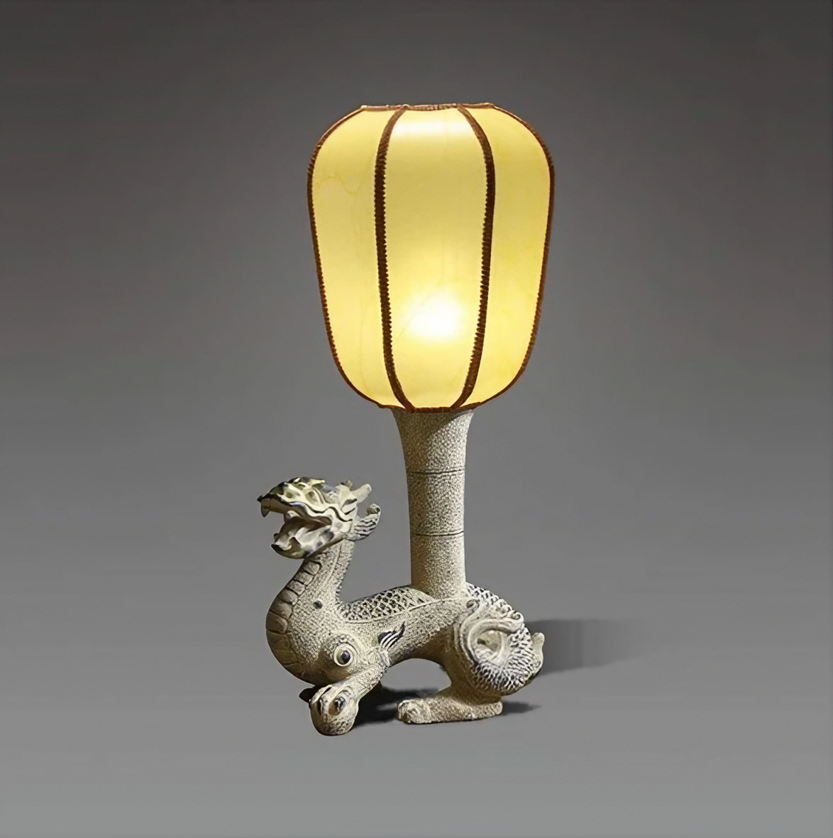 Intricately Carved Mythical Dragon LED Lamp with Fabric Shade – Stylish and Functional Decor