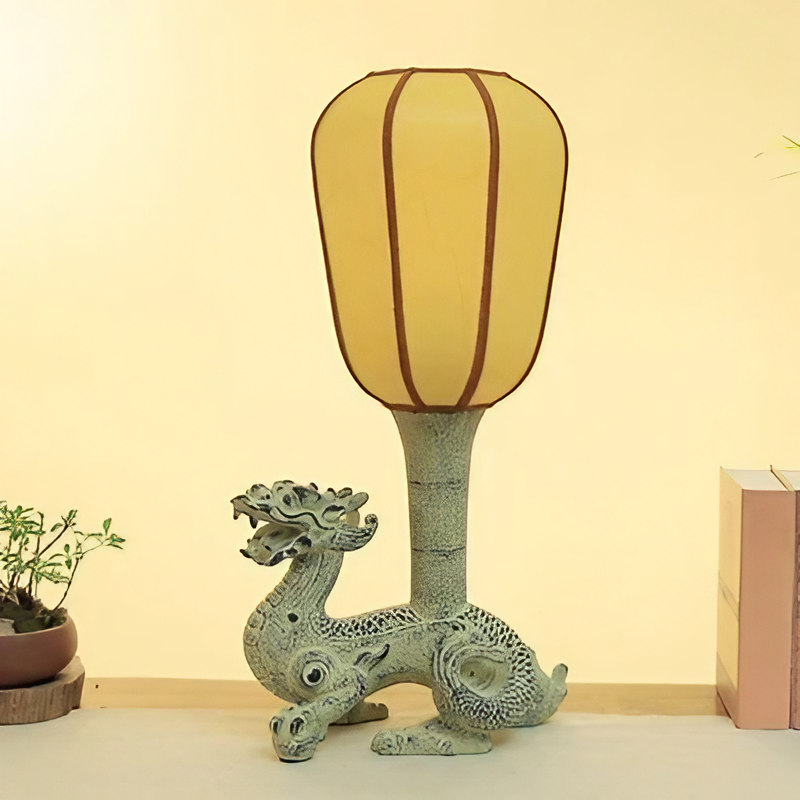 Intricately Carved Mythical Dragon LED Lamp with Fabric Shade – Stylish and Functional Decor