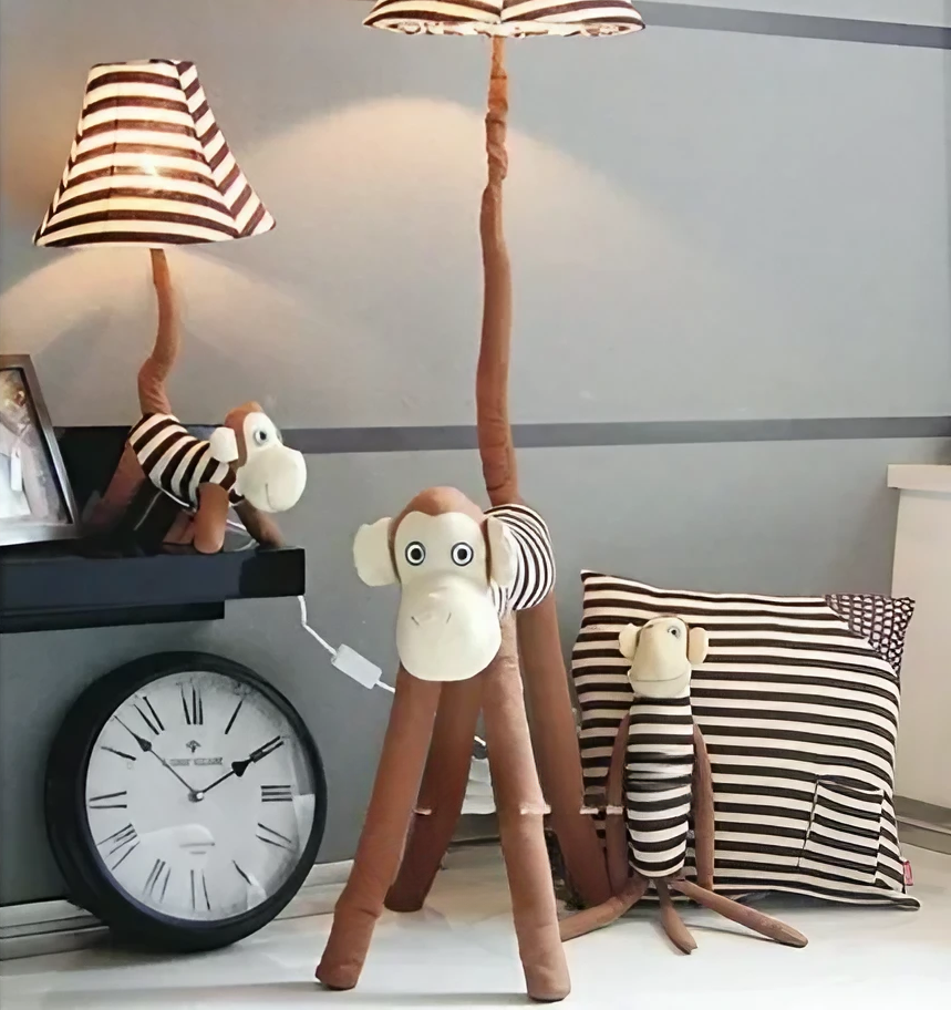 Fun Handmade Kids’ Cartoon Monkey Floor Lamp – Soft Cotton Body Design.