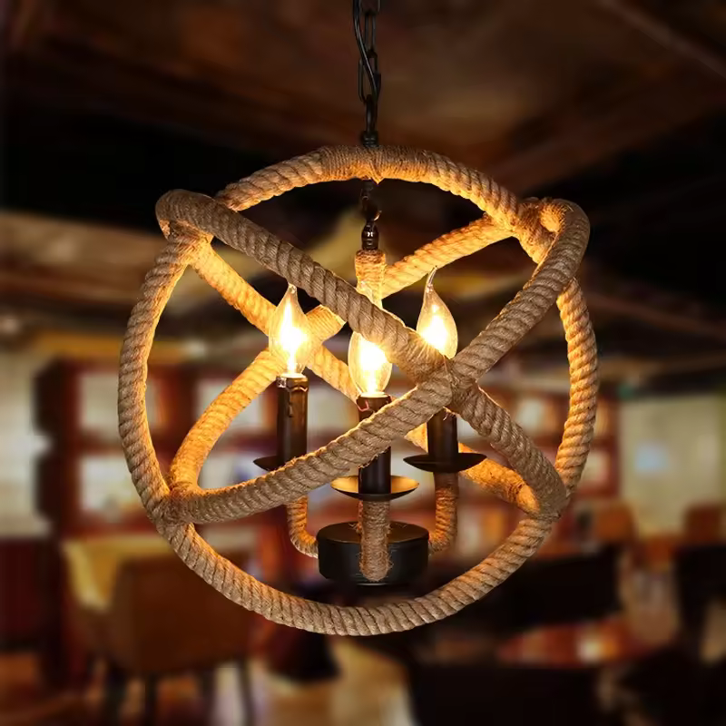 Farmhouse Chic: Handwoven Hemp Rope Pendant Light. 3 & 5-Head Lighting Options