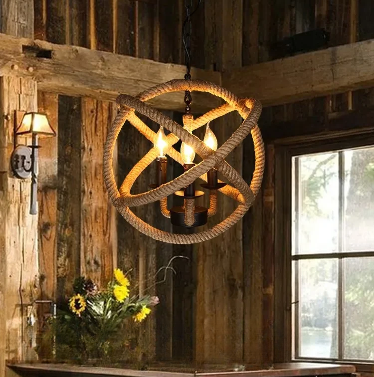 Farmhouse Chic: Handwoven Hemp Rope Pendant Light. 3 & 5-Head Lighting Options