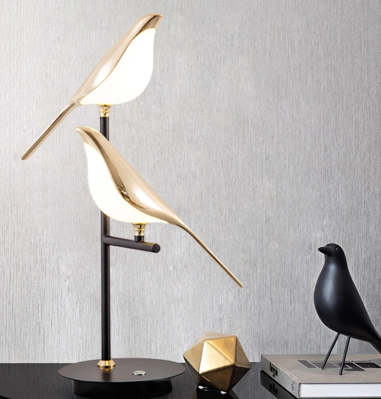 Magpie Bird LED Table Lamp in Rose Gold . Available 1-head or 2-head versions