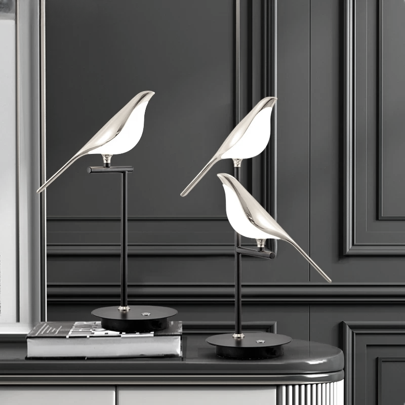 Magpie Bird LED Table Lamp in Silver. Available 1-head or 2-head versions