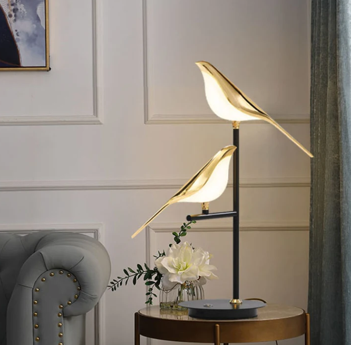 Magpie Bird LED Table Lamp in Rose Gold . Available 1-head or 2-head versions