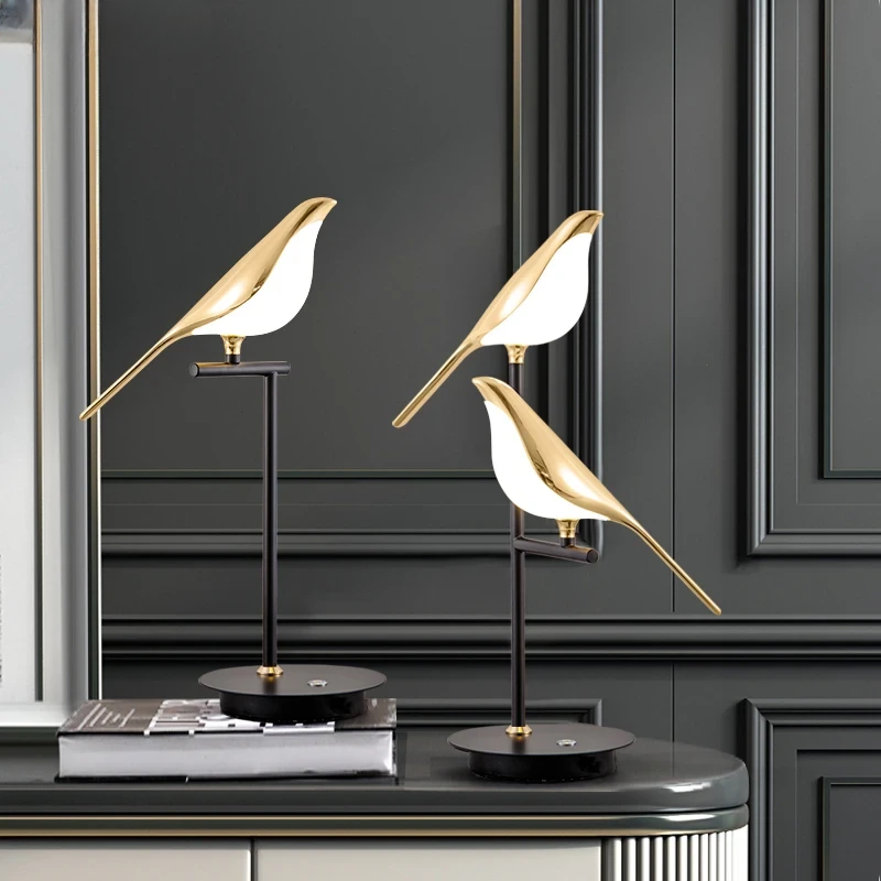 Magpie Bird LED Table Lamp in Rose Gold . Available 1-head or 2-head versions