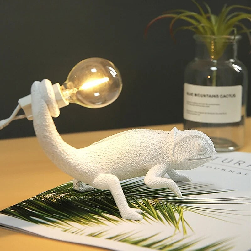 White Resin Chameleon Lizard LED Night Light